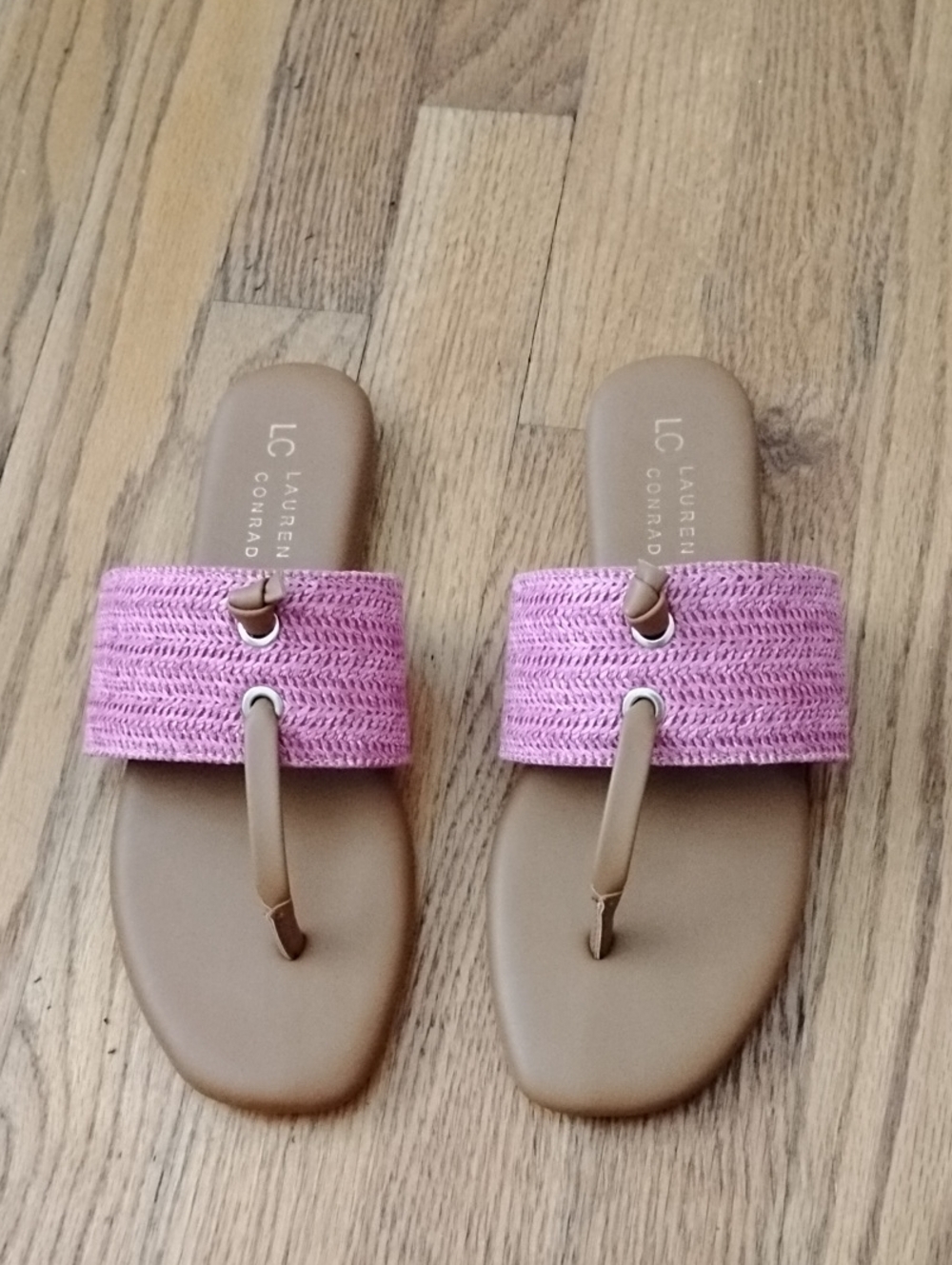 LC Lauren Conrad Pink Braided Strap Tan Slide Sandals